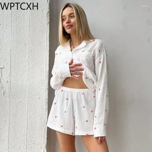 Damen-Nachtwäsche WPTCXH Pyjamas Frühling Herbst Mode Liebe Gedruckt Zweiteilige Sets Lässige Komfort Weiche Shorts Damen Home Wear