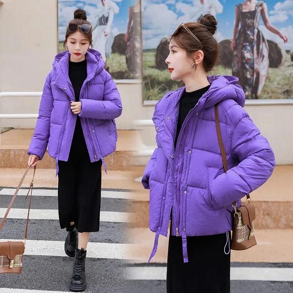 Casacos de trincheira femininos casaco de algodão roxo curto para baixo feminino outono inverno 2024 moda versão coreana engrossado solto outcoat