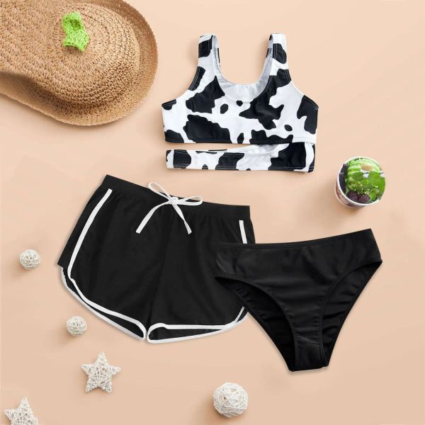 Bademode 3PCS Badeanzug Frauen Strand Outfits Sexy Bikinis Set Kleinkind Kleinkind Mädchen Kuh Print Badeanzug Sommer Beachwear Schwarzen Badeanzug