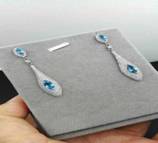 Orecchini pendenti con pietra topazio blu naturale a bottone in argento 925 Orecchini con pietre preziose naturali personalità femminile Elegante per la festa 2210229431750