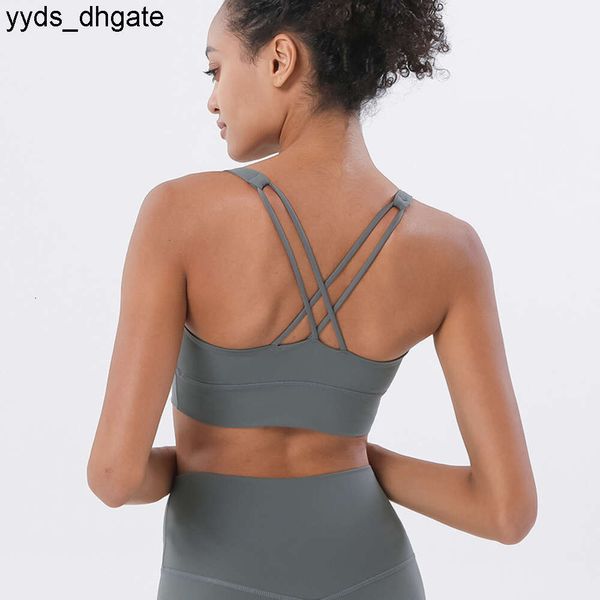 Lu Lu Yoga Outfit Sexy Nude Beauty Back Bra Gym Running Sport Align Lemons Colete à prova de choque alça cruzada com almofada no peito Roupas de fitness de secagem rápida para mulheres