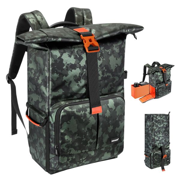 Rucksack Neewer Roll-Top-Kamerarucksack, gepolsterte Kameratasche mit großer Kapazität für DSLR-Kameras, Objektive, Hauben, Blitzgeräte, Stativ, 15,6-Zoll-Laptop