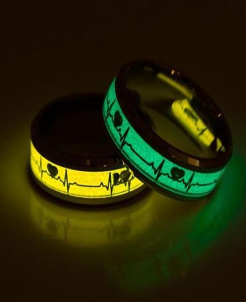 Anéis de casamento unissex amarelo e verde moda escuro luminoso ecg anel de aço inoxidável promessa batimento cardíaco jóias brilhantes para homens wom7926952