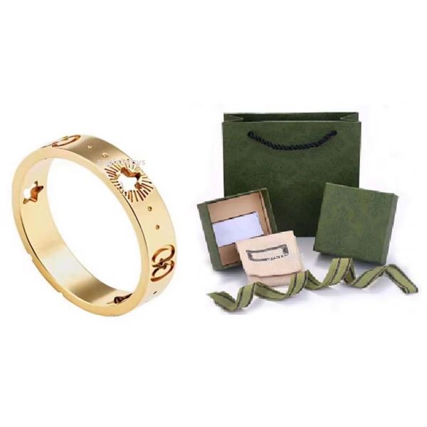 New Steel Women Golden Golden Star Love Rings Men and Womens Rose Gold Gold para Lovers Casal Designer Ring Presente com Drill Wite Box
