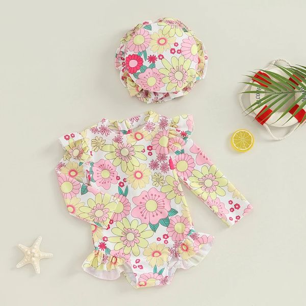 Conjuntos de verão novo bebê meninas maiô estilo doce flor impressão infantil roupa de banho praia wear manga longa biquíni com chapéu crianças maiô