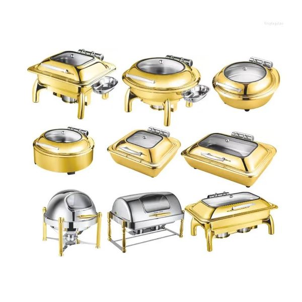 Geschirr Teller Teller Luxus Gold Farbe Hochzeit Edelstahl Messing Servieren Chef Chafing Dish Wärmer Chaffing Dishes Kupfer Buffet Dhad2