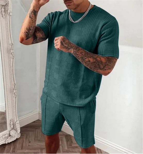 Conjunto de camiseta de verão dos homens impressão 3d sólido esporte moda jogging terno lazer praia resort oversized em torno do pescoço 240219