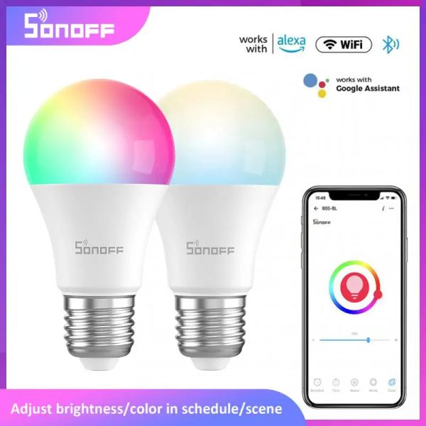 Controle 1/3pc SONOFF WIFI SMART LED LED B02/B05BLA60 9W E26/E27 Lâmpadas de lâmpadas Dimmable Ewelink Control de aplicativos funciona com Alexa Google Home