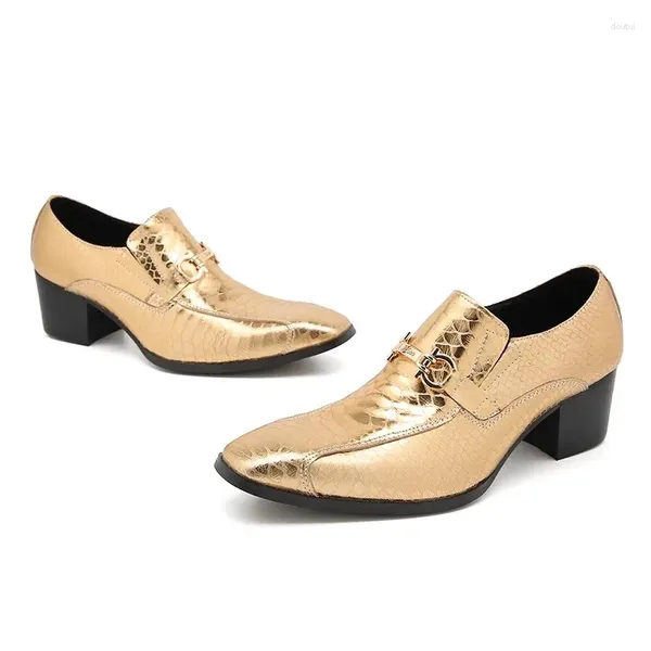 Sapatos de vestido Luxo Golden Business Genuíno Couro Quadrado Toe Salto Alto Deslizamento em Homens Formal Moda Festa / Casamento