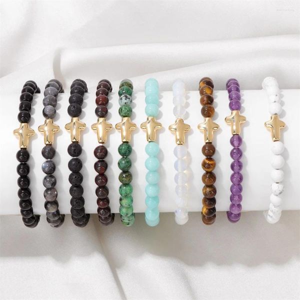 Charm-Armbänder, Naturstein, Amethyst, Lava, Perlen, minimalistisch, goldfarben, Kreuz, elastisch, Gebetsgeschenke für Frauen