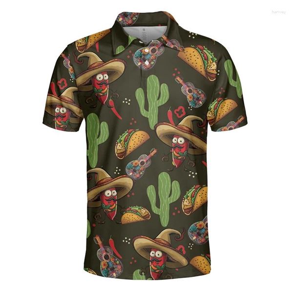 Herren Polos Cino De Mayo 3D-gedruckte Kurzarm-Poloshirts für Herrenkleidung, Essen, Taco, Knopfhemd, lustiges Totenkopf-Revers, Kinder-Streetwear