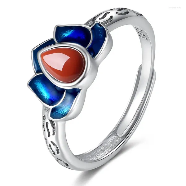 Anéis de cluster azul esmalte flor de lótus anel lágrima vermelho ágata cabochão 925 prata esterlina pedra natural chinesa jóias étnicas para mulheres