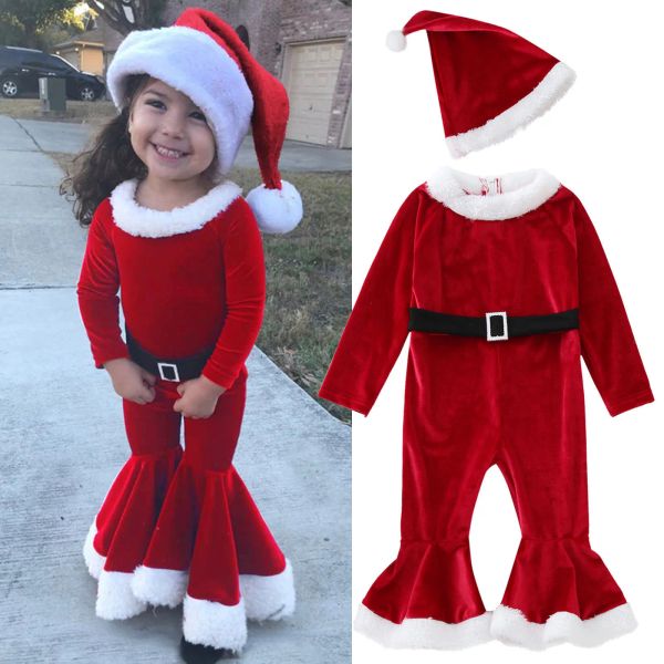 Куртки с цветочным принтом, детская одежда, рождественский флисовый комбинезон с длинными рукавами для маленьких девочек, расклешенный комбинезон, шляпа, длинный комбинезон для маленьких девочек