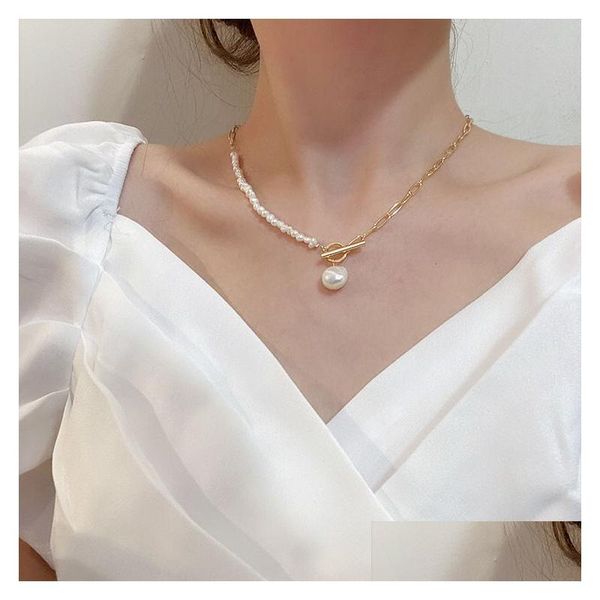 Gioielli Coreano Vintage Collane di perle d'acqua dolce naturali per le donne Catena a maglie color oro Chiusura asimmetrica con chiusura Cerchio Girocollo Collana Dhhab