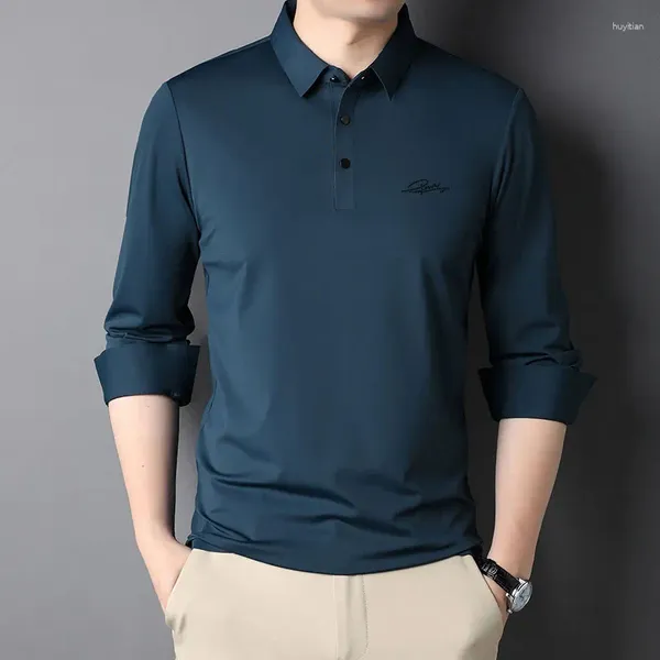 Polo da uomo 2024 Polo da uomo a maniche lunghe in morbida seta di alta qualità Primavera e autunno Tinta unita Casual Top uomo Abbigliamento 4XL