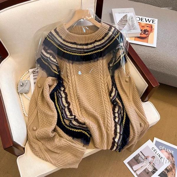 Damenpullover, Frühling, Khaki-Pullover, lässig, locker, dick, Strickwaren, Rüschen, Nähte, Rundhalsausschnitt, täglicher Straßenpullover, Pullover, 2024