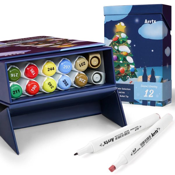 Marker Arrtx ALP Weihnachten Kunstmarker in limitierter Auflage, 12 Farben, darunter 2 Metallstifte, perfekt als Geschenk für Kinder, Familie und Freunde