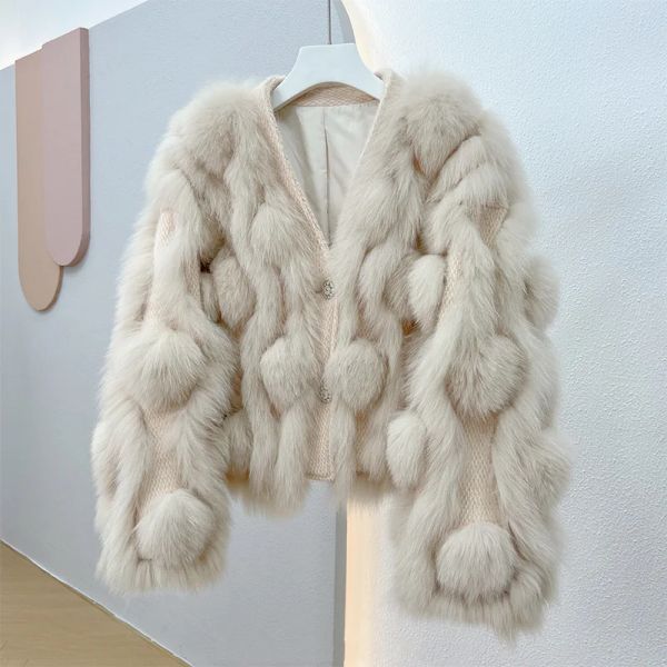 Pele 2023 vendas quentes novo real completo pelt casaco de pele de raposa feminino curto vneck único breasted pele quente moda outono e inverno jaqueta