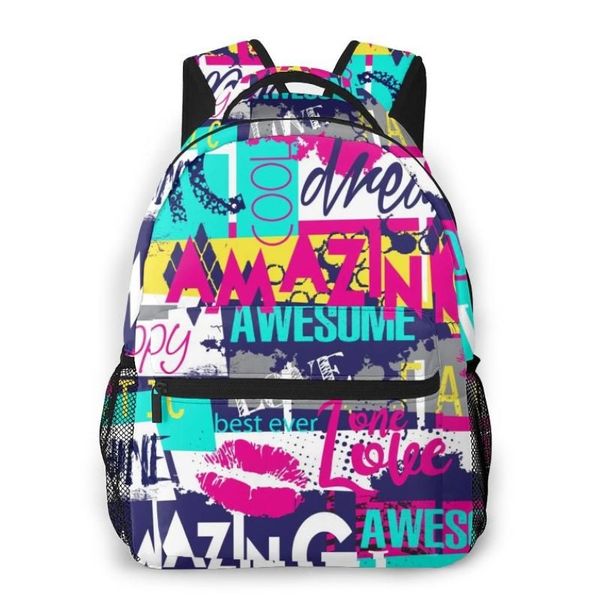 Sacos escolares 2021 estilo oln mochila menino adolescentes saco de berçário abstrato slogan e elementos grunge de volta to293r