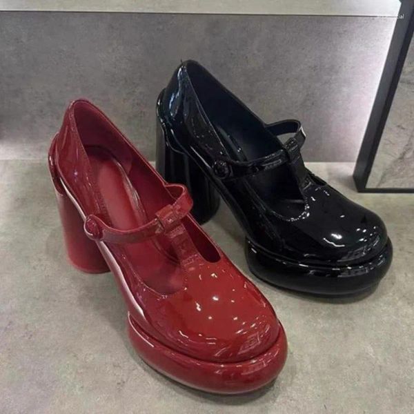 Модельные туфли на высоком каблуке «Мэри Джейн» на толстом каблуке, женские весенне-осенние модели 2024 г., кожа с увеличенной подошвой снизу