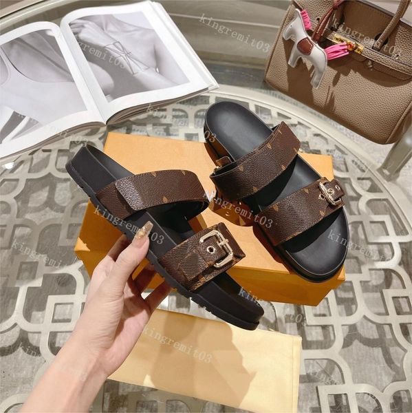 Bom Dia Comfort Designer Kadın Terlik Mules Sandalet Düz İzleyiciler Baskı Plaj Sandal Kauçuk Alt Yaz Deri Çiçek Terlik Baskı Kutu