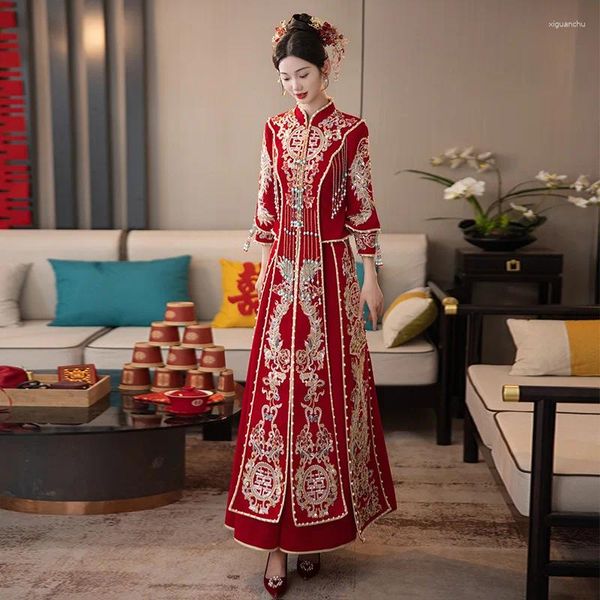 Roupas étnicas Primavera Xiuhe Vestido Vermelho Mulheres Contraste Nobre Casamento Pérola Fringe Brinde Noiva Chinês Tradicional Tang Terno Hanfu