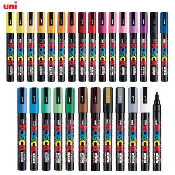 Uni Posca PC5M Acrylfarben-Markierungsstifte auf Wasserbasis, ungiftig, mittlere Spitze, Kunst-Zeichenstift für Kinder, Mädchen, Felsen, 28 Farben