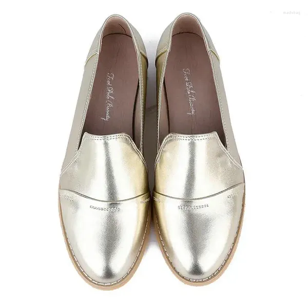 Повседневная обувь золотисто-серебряные лоферы женские весенне-осенние оксфорды ручной работы с одной круглой головкой из натуральной кожи без шнуровки на плоской подошве