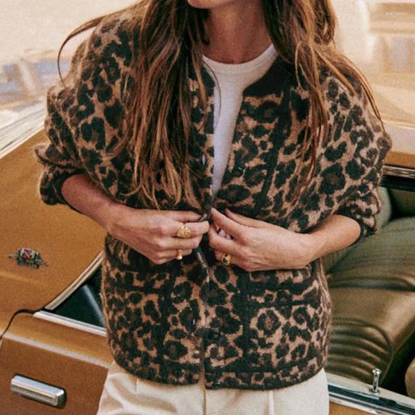 Maglieria da donna Rowling Specchio Leopardo Misto lana Bottone Cardigan allentato Maglione Donna Primavera 2024 O Collo Manica intera Maglia femminile