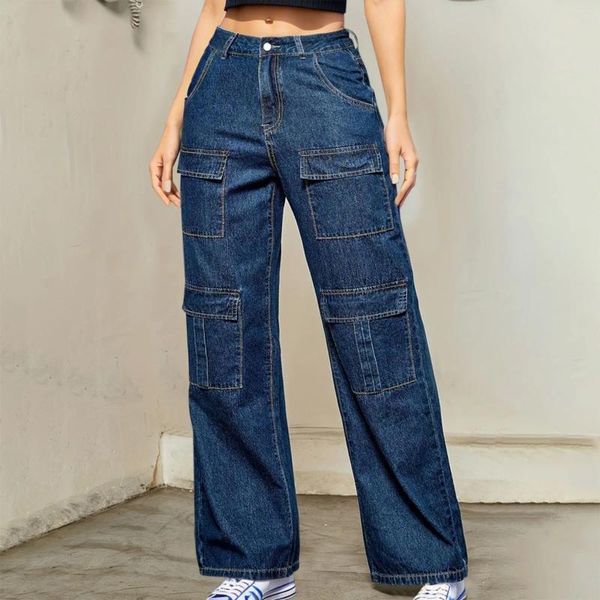 Calças de brim femininas baggy calças de carga mulheres perna reta denim calças casuais primavera outono namorado largo mãe para roupas