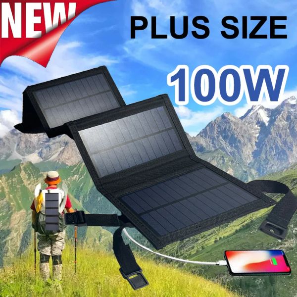 Fone de ouvido/fone de ouvido novo painel solar 100w plus size carregador solar dobrável para banco de energia de celular acampamento ao ar livre luz solar de célula de bateria solar