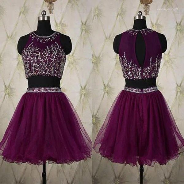 Partykleider ANGELSBRIDEP Zweiteiliges, lila, mit Perlen besetztes Tüll-Heimkehr-A-Linien-Kurzes Mini-Cocktailkleid