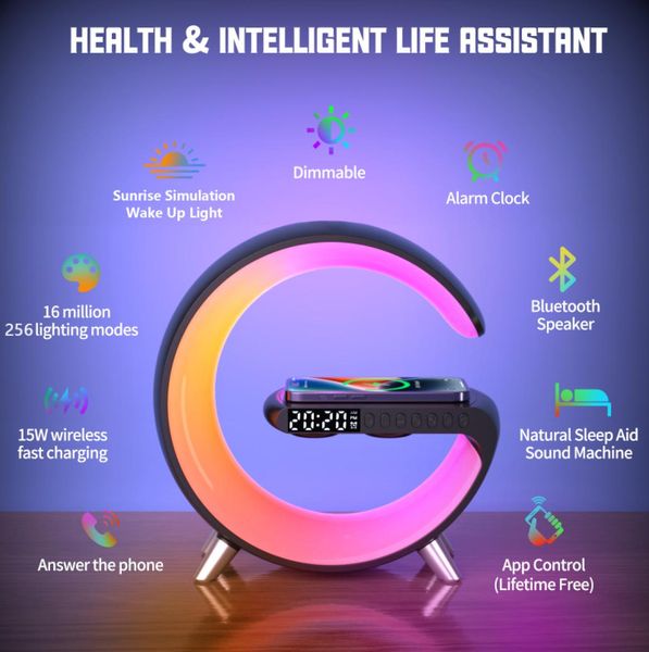 Smart Wake Up Light Sunrise Alarm Clcok mit 15 W Schnelllade-Wireless-Ladegerät Bluetooth-Lautsprecher für Erwachsene mit schwerem Schläfer in der Umgebung L6435419