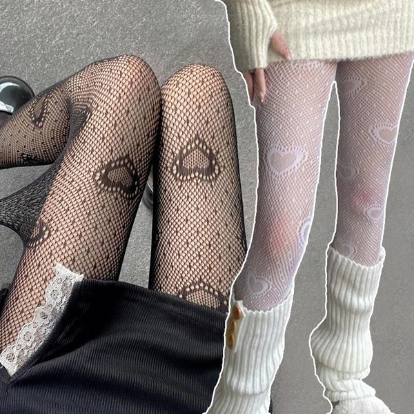 Kadın Çoraplar y2k kalp çiçek örgü çorap Japon kız lolita tays sokak beyaz fishnet külotlu çorap dişi legging çorap punk