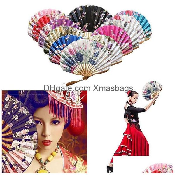 Produtos de estilo chinês mão dobra fã vintage bambu madeira flor de seda japonês artificial rosa casamento menina homem dança decorar casa d hhhjv