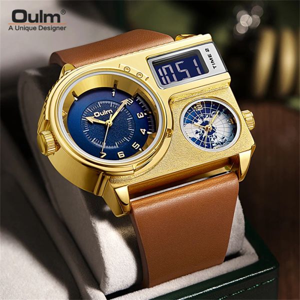 Saatler OULM 5026 Yeni Çift Ekran İki Time Daire Sport Saat Erkek Big Dial Quartz Saat Saatleri Erkekler Orijinal Deri Kayış Bilek Swatch