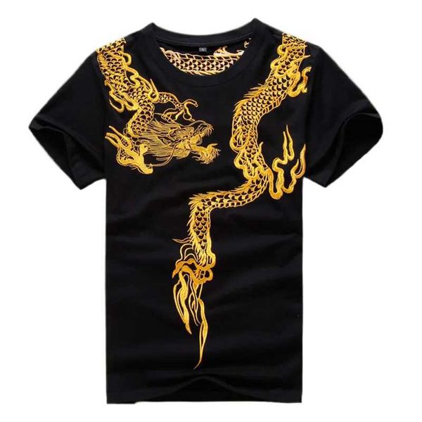 Herren-T-Shirts, goldener Drache, bestickt, Herren-Baumwoll-T-Shirt, 2024, neues lässiges Sommer-Top, kurzärmeliges T-Shirt, Schwarz/Weiß, J240228