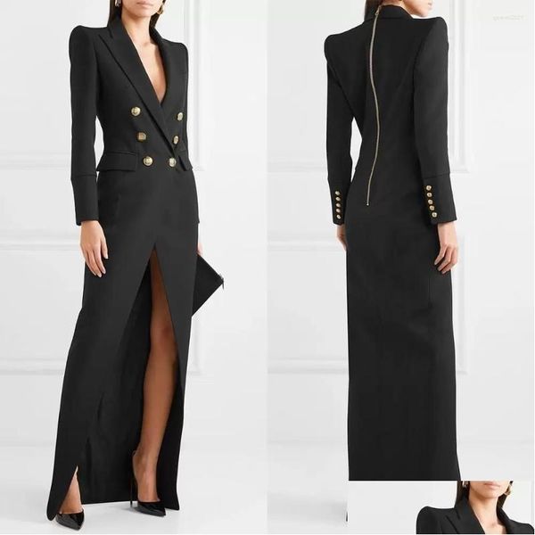 Mulheres Ternos Blazers Mulheres Ternos Preto Vestido de Noite Dourado Duplo Breasted Senhoras Jaqueta Longa Terno Prom Convidado Formal Tailored Blaz Dhbe8