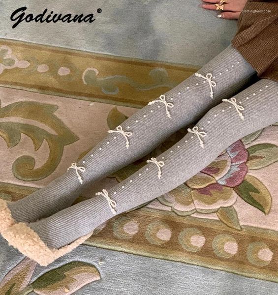 Calzini da donna Decorazione con fiocco di perle Contrazione della pancia Sollevamento dell'anca Dimagrante Autunno e inverno Collant termico Collant addensato da donna Leggings