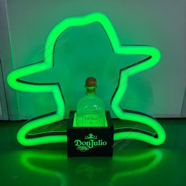 Led donjulio reposado branco tequila garrafa apresentador bandeja de serviço brilhante néon cabeça boné quadro iluminado topper chapéu sinal glorificador