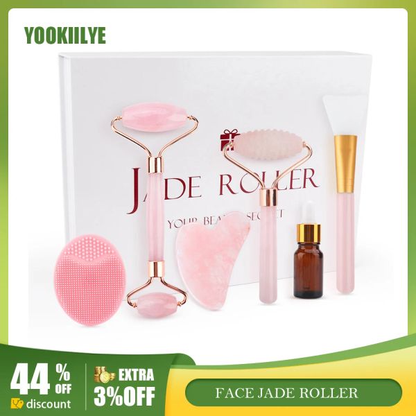 Roller Face Jade Roller Quarzo rosa Gua Sha Raschietto Set Massaggiatore viso per viso Corpo Collo Rimozione rughe Strumento per la cura della pelle con confezione regalo