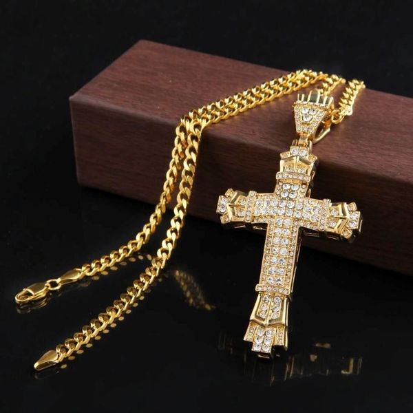Retro ouro cruz charme pingente completo gelo fora cz simulado diamantes crucifixo católico pingente colar com longo cubano chain244q