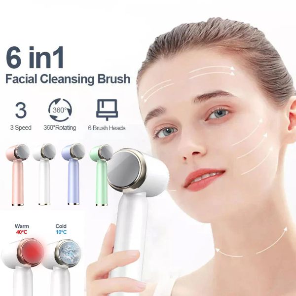 Geräte 6 in 1 mit Tasche Hot Cool Gesichtsreinigungsbürste Elektrische Gesichtsbürste Tiefenporenreiniger LCD Vibration Lifting Hautstraffung