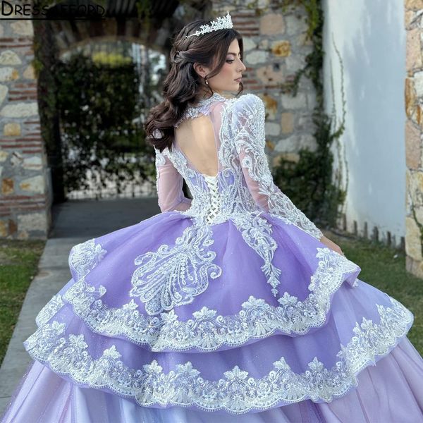 Abiti Quinceanera lilla Abito da ballo Scoop Maniche lunghe Appliques Pizzo Paillettes Ragazza Dolce 16 Abito da festa