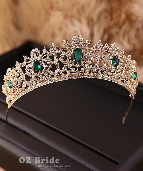 New Flaw Green Rhinestone Golden Crown Bridal Tiara Female Crown Wedding Hair Accessories Y190513023870382