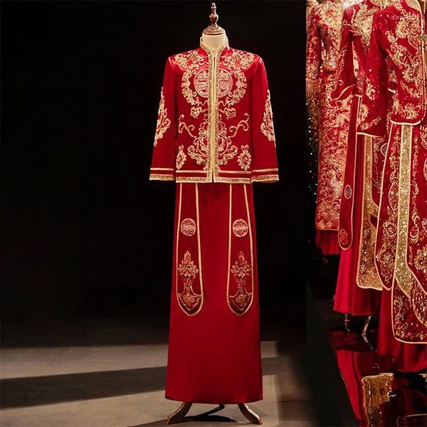 Этническая одежда, мужское платье Cheongsam с блестками и вышивкой из бисера, китайское традиционное свадебное платье для жениха, элегантные восточные костюмы Тан