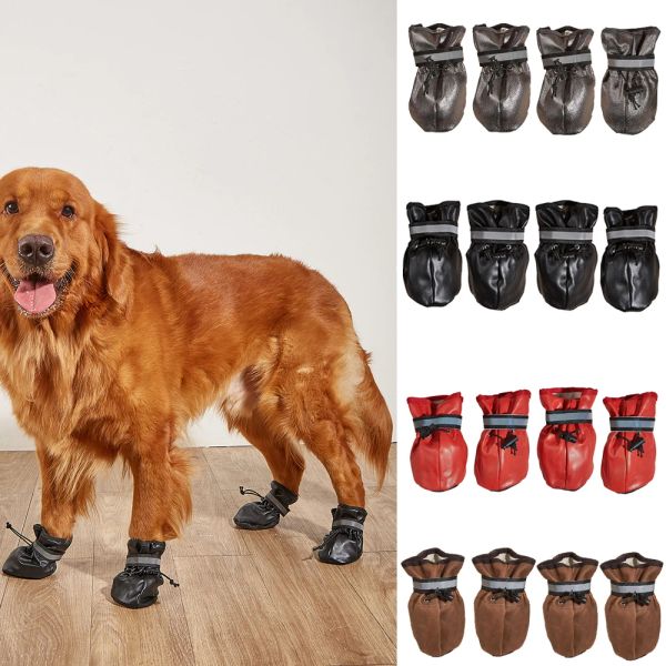 Scarpe 4 Pz/set Scarpe Impermeabili per Cani Pet Stivali Antiscivolo in Pelle Riflettente per Cani di Grossa Taglia Scarpe da Pioggia Golden Retriever Labrador Regolabili