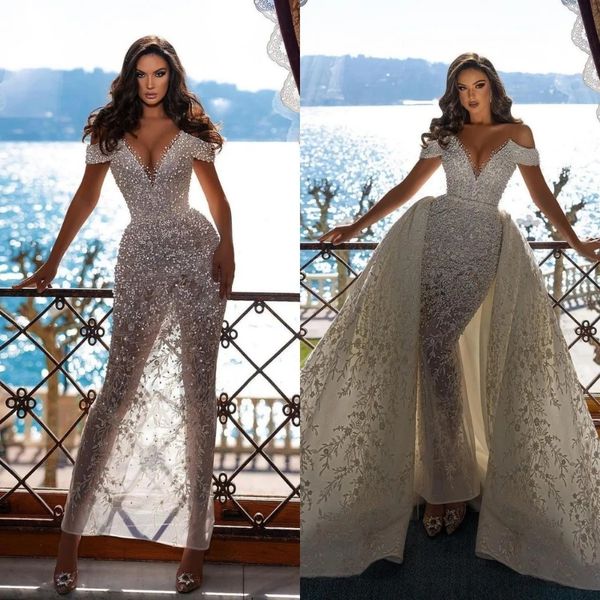 Stunningbride 2024 Abiti da sposa chic in due pezzi Abiti da sposa eleganti con paillettes in pizzo con strascico staccabile Personalizza abito da sposa vintage