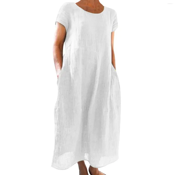Повседневные платья женские однотонные с короткими рукавами и круглым вырезом свободные карманы макси женские ниже колена для пляжей