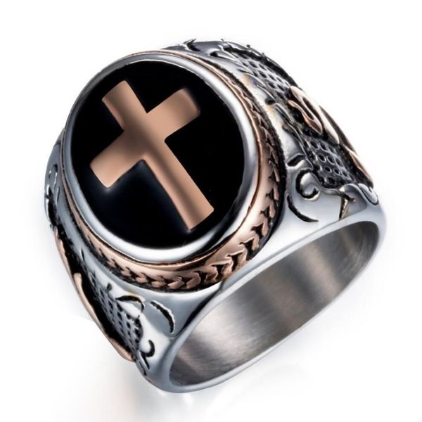 Herren-Ring aus Edelstahl, keltisch, mittelalterliches Kreuz, Punk-Herrenringe, Rock-Ringe, Silber, Schwarz, Größe 7-13301B